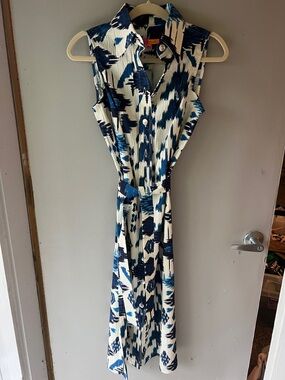 Vilagallo Blue and White Sleeveless Maxi Shirt Dress